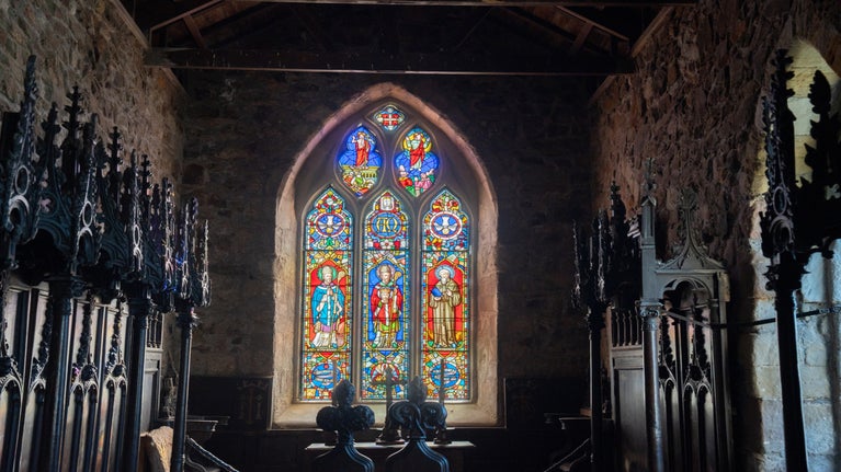 Stained glass window in St Cuthbert's Chapel on Inner Farne.